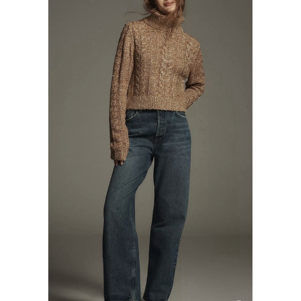 Pilcro Anthropologie Gold Shine Cable Cropped Turtleneck Sweater Size XXS $118